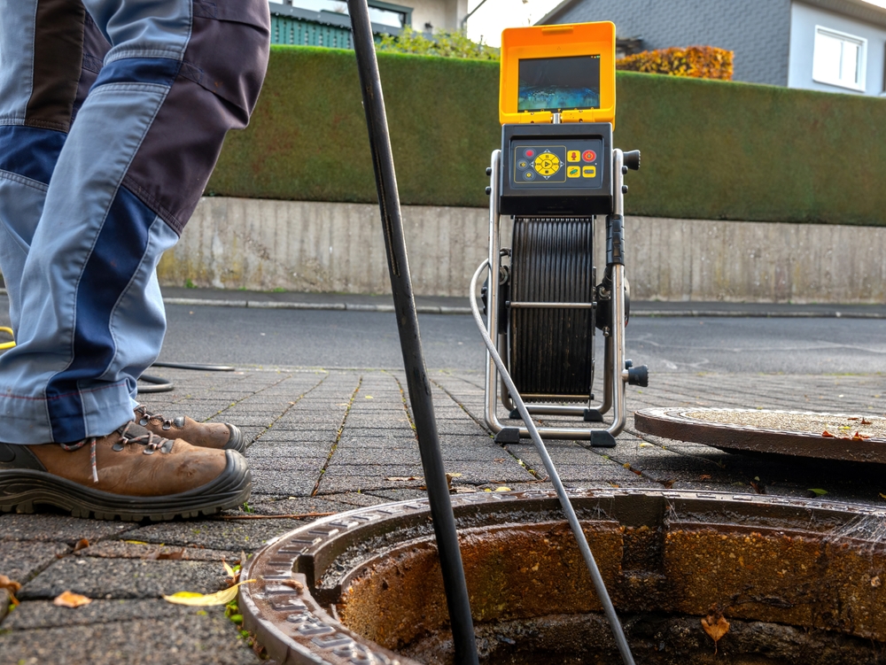 CCTV drain inspection camera at an open manhole